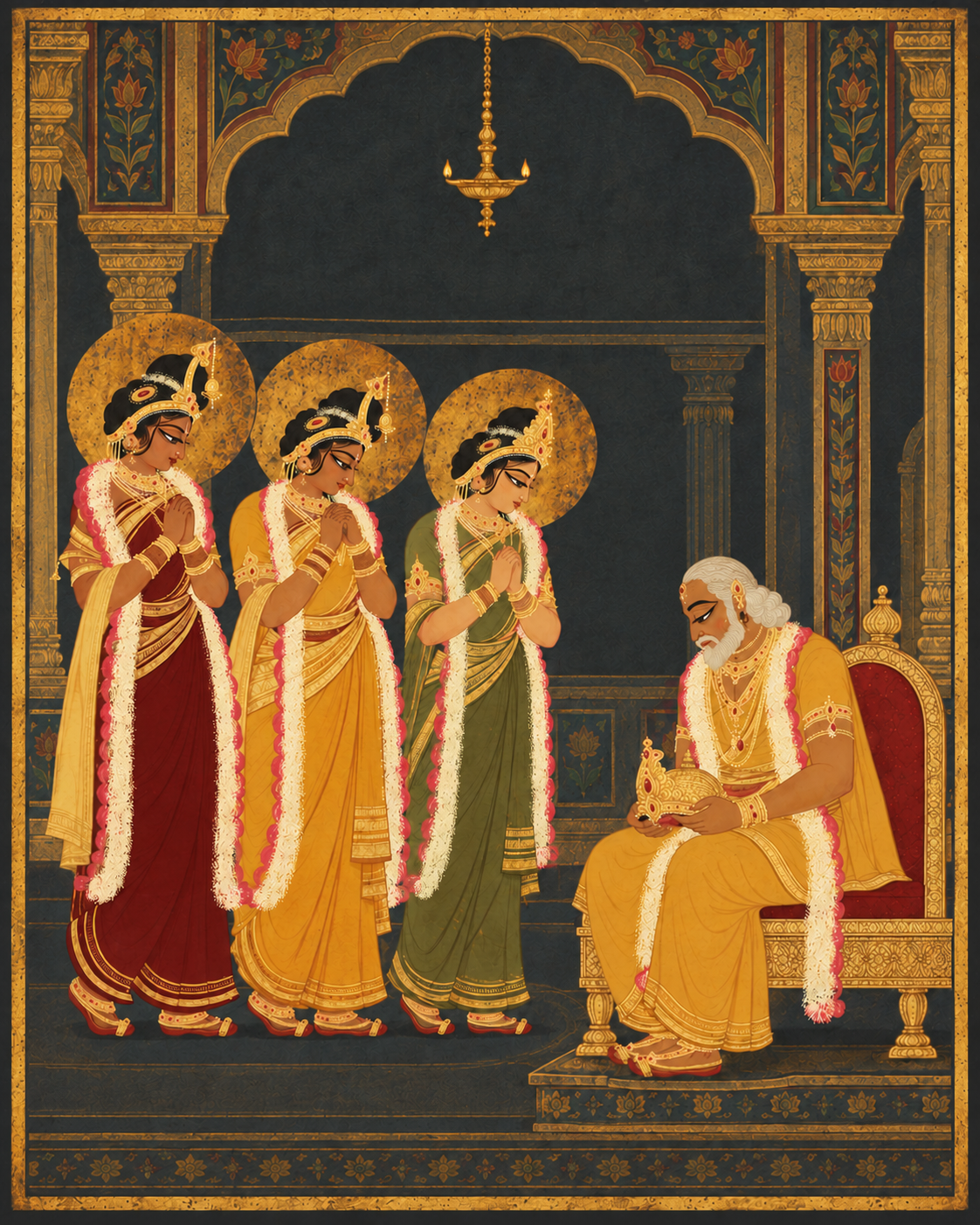 Old King Dasharatha sits alone on his throne in a quiet palace, his crown in his hands. Three queens stand behind him, looking worried.