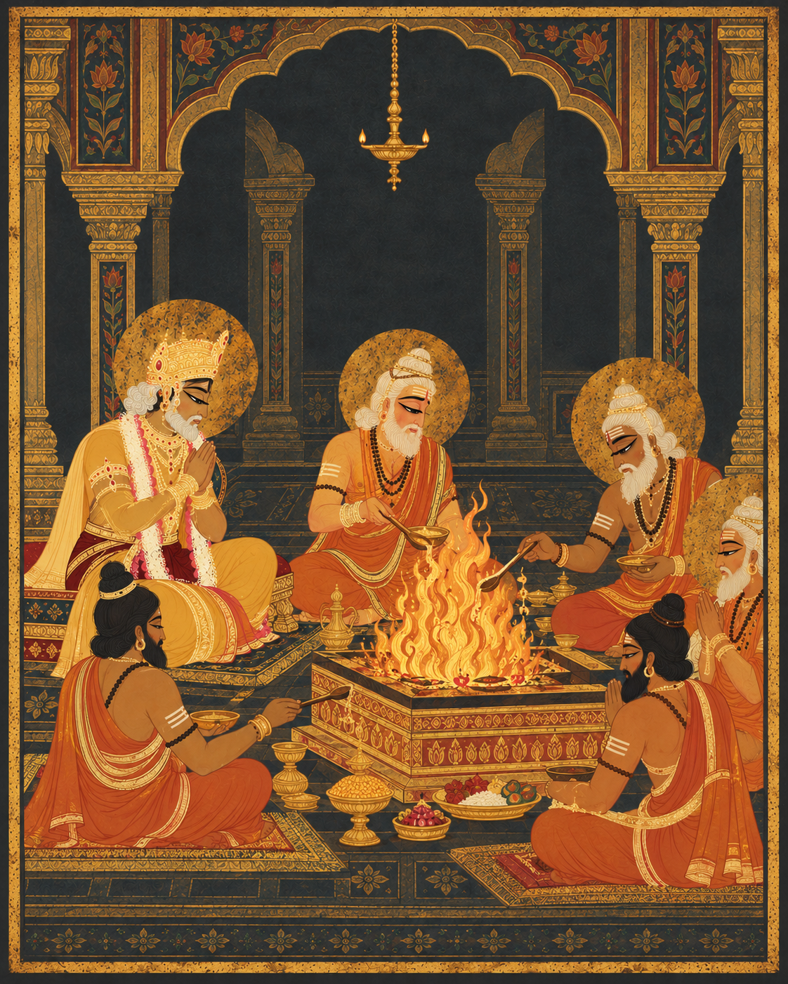 Sage Rishyashringa and priests around a glowing yagna fire. Dasharatha kneels with folded hands, and golden flames rise up.