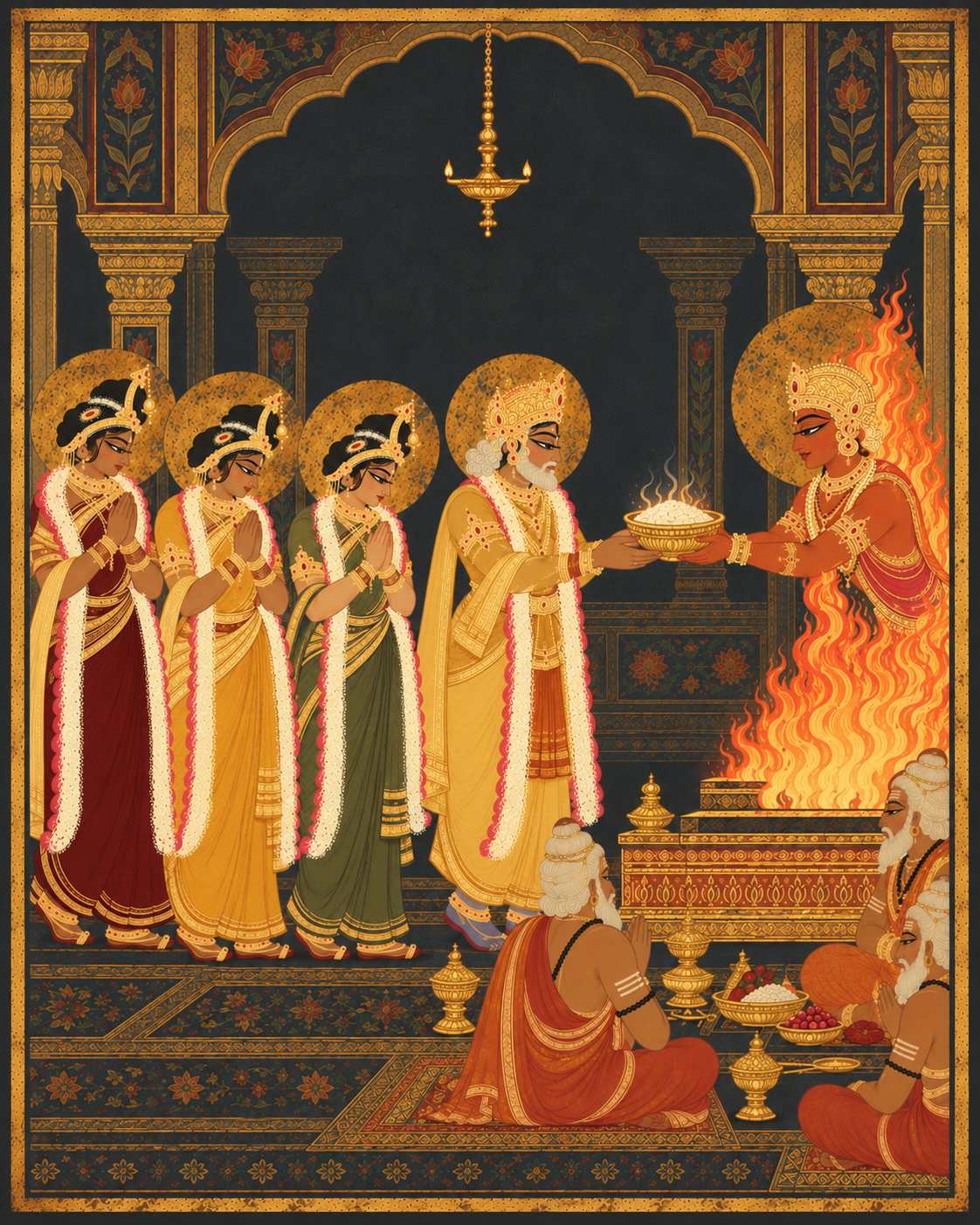 A divine figure rises from the fire holding a glowing golden bowl of sweet kheer. The king receives it with both hands.