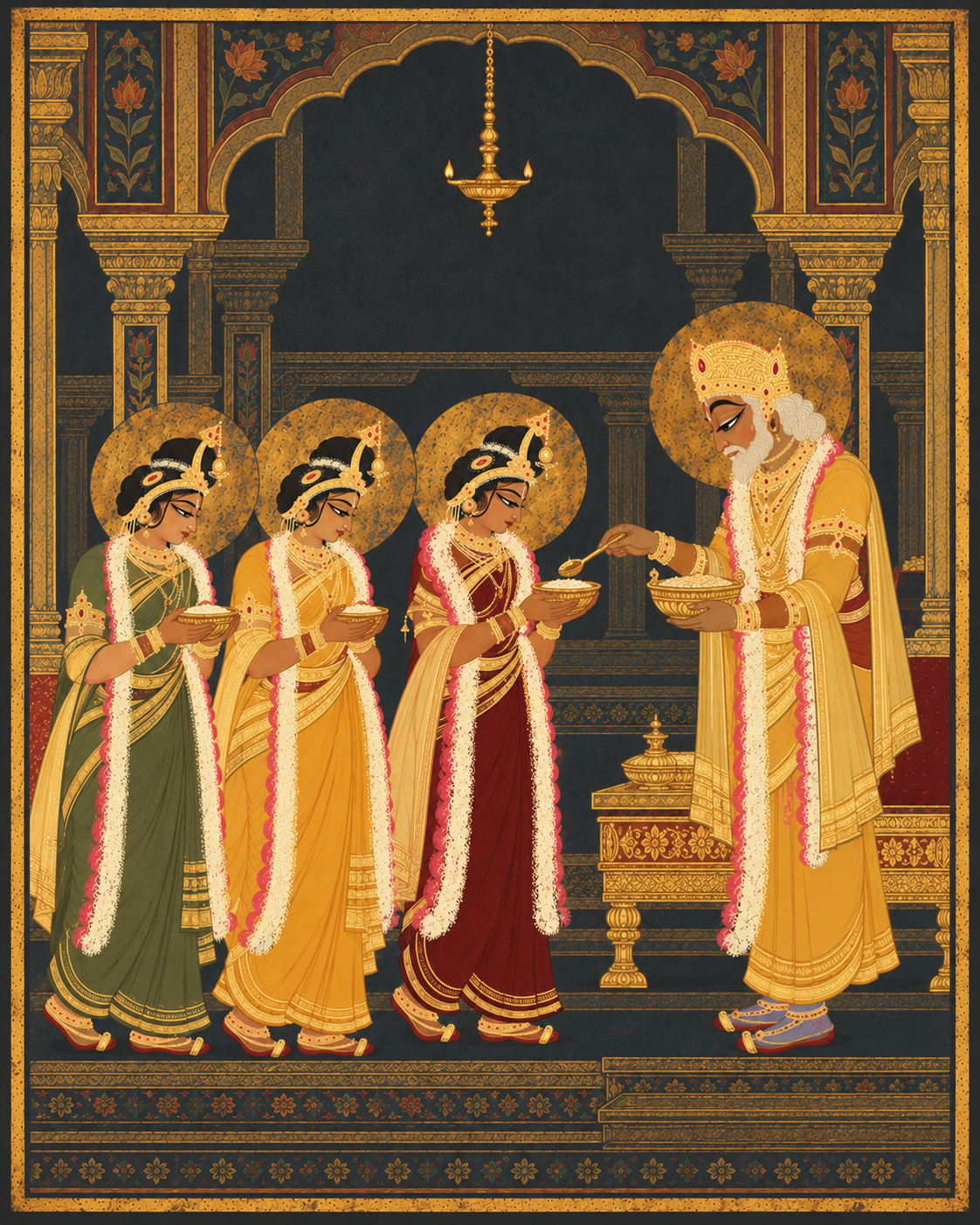 The king shared the divine kheer among his three queens Kaushalya, Kaikeyi and Sumitra.