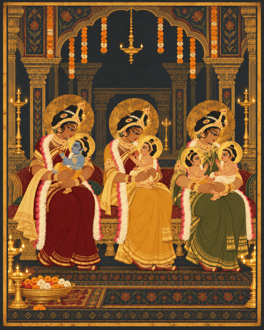 Kaushalya holds baby Rama with blue skin and a golden halo. Kaikeyi holds Bharata, and Sumitra holds the twins Lakshmana and Shatrughna. Marigolds and lamps decorate the room.