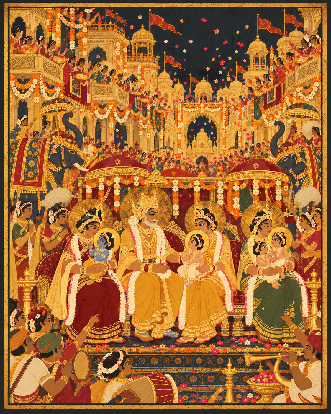 The city of Ayodhya in festival. People dance, drums play, flowers fall from the sky, and the four brothers stand together as children.