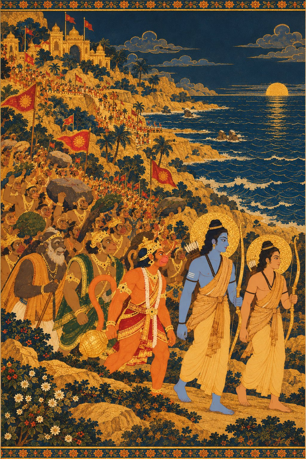 A long army of vanaras in brown and golden fur marches across golden hills with tree branches and flags. Rama and Lakshmana in bark cloth walk at the front, with Hanuman, Sugriva, Jambavan and Angada behind them. A wide charcoal and gold ocean stretches ahead.
