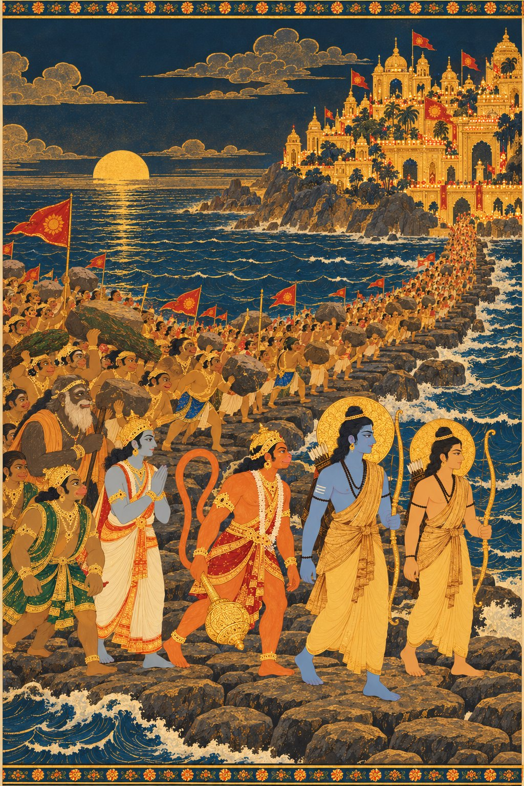 A long stone bridge stretches across a golden sea toward the distant city of Lanka. Rama and Lakshmana in bark cloth walk at the front with Hanuman, Vibhishana, Sugriva, Jambavan and Angada beside them. Behind them, thousands of vanaras cross with flags. Lanka’s golden towers glow against a dark gold sky.