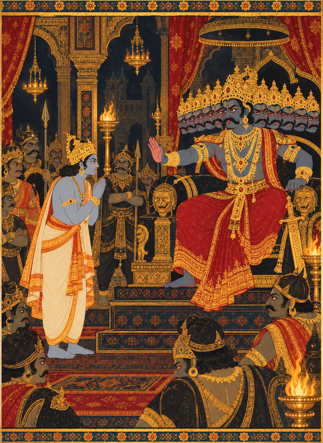 In a dark palace hall, Vibhishana in a white and saffron dhoti with a simple gold chain stands before Ravana with folded hands and a gentle, pleading face. Ravana with ten heads and a tall gold crown sits on a black throne, waving a hand in anger. Courtiers in black spiked armour look on.