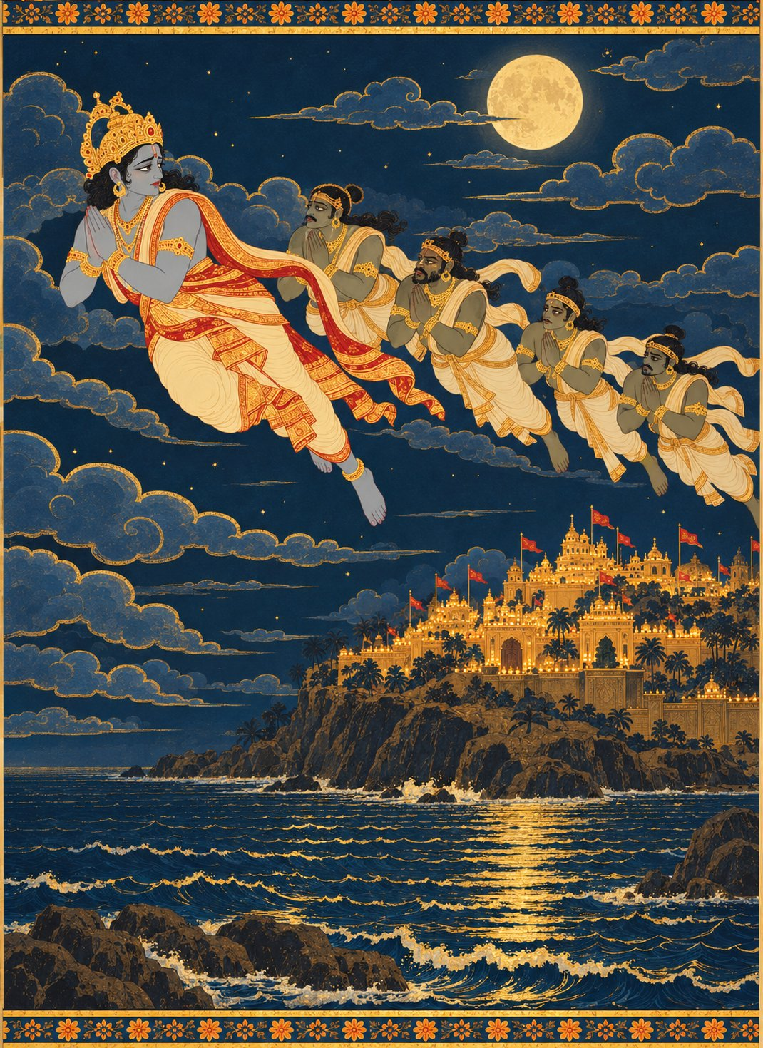Vibhishana and four ministers in white dhotis fly across a moonlit sky, with the golden city of Lanka glowing small and far behind them. Vibhishana looks back with a sorrowful face, hands folded. Below them, the dark ocean glimmers with gold ripples.