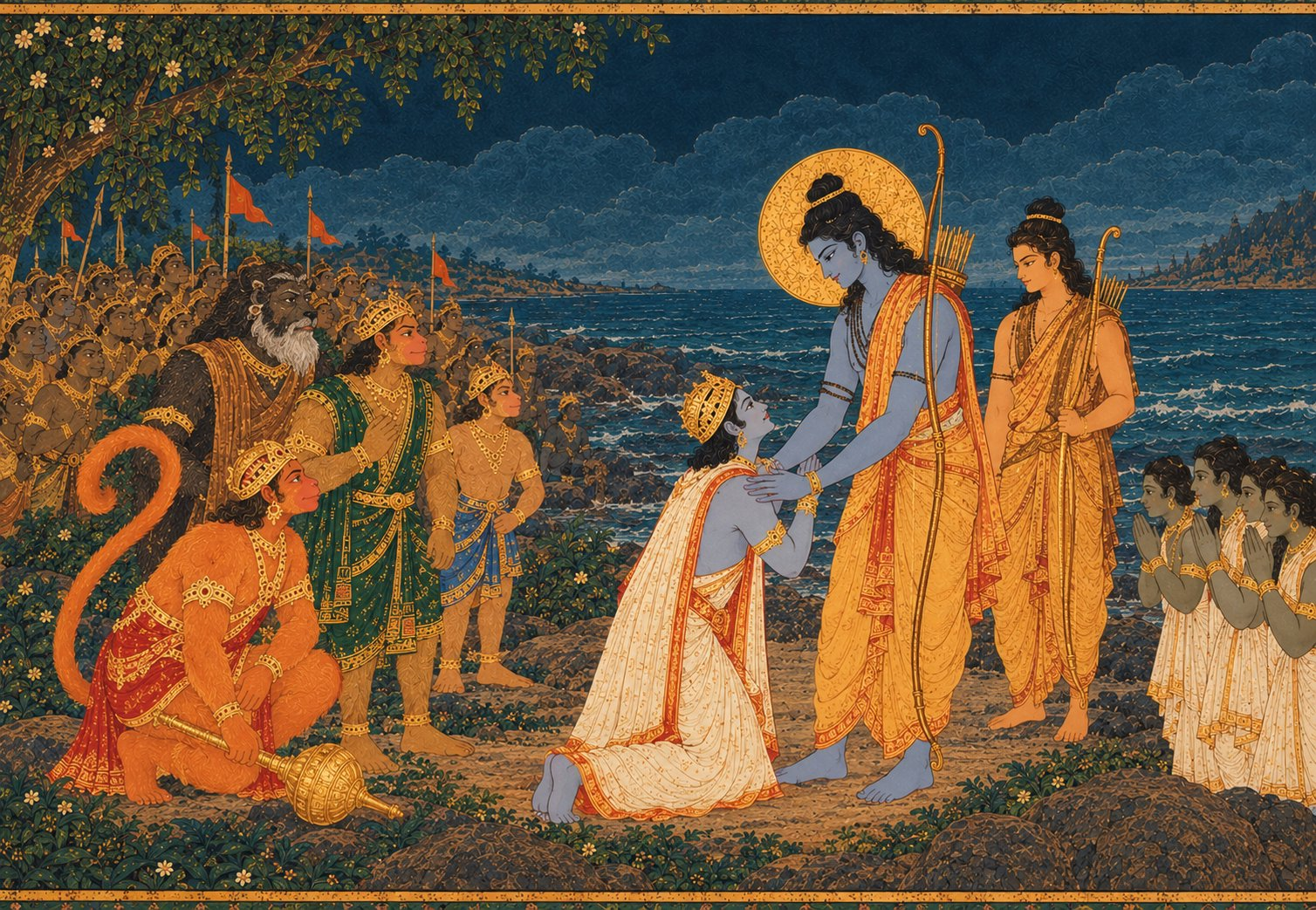 On the shore, Vibhishana in a white dhoti with folded hands bows at Rama’s feet. Rama in bark cloth lifts him up with a warm smile, and a gold halo glows behind Rama’s head. Sugriva and Hanuman watch from the side, wary at first. Lakshmana stands behind Rama.