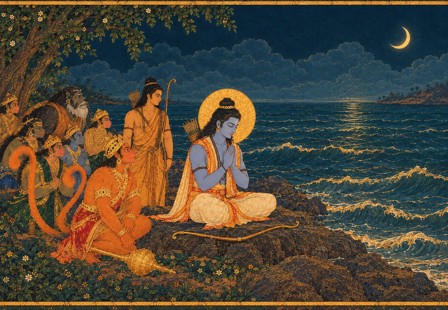 Rama in bark cloth sits cross-legged on a rock at the shore with folded hands and closed eyes, his bow lying beside him. Waves of charcoal and gold roll gently at his feet. Lakshmana, Hanuman and the vanaras sit quietly behind him. A crescent moon rises over the water.
