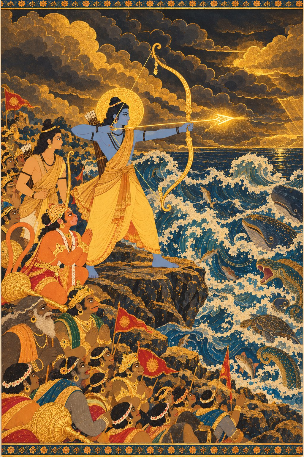 Rama stands tall on the shore and draws his golden bow, with a bright golden arrow glowing at the string and his halo blazing. The waves rise high and swirl, and sea creatures dart away. Lakshmana, Hanuman and the vanaras step back in awe. The sky is dark gold.