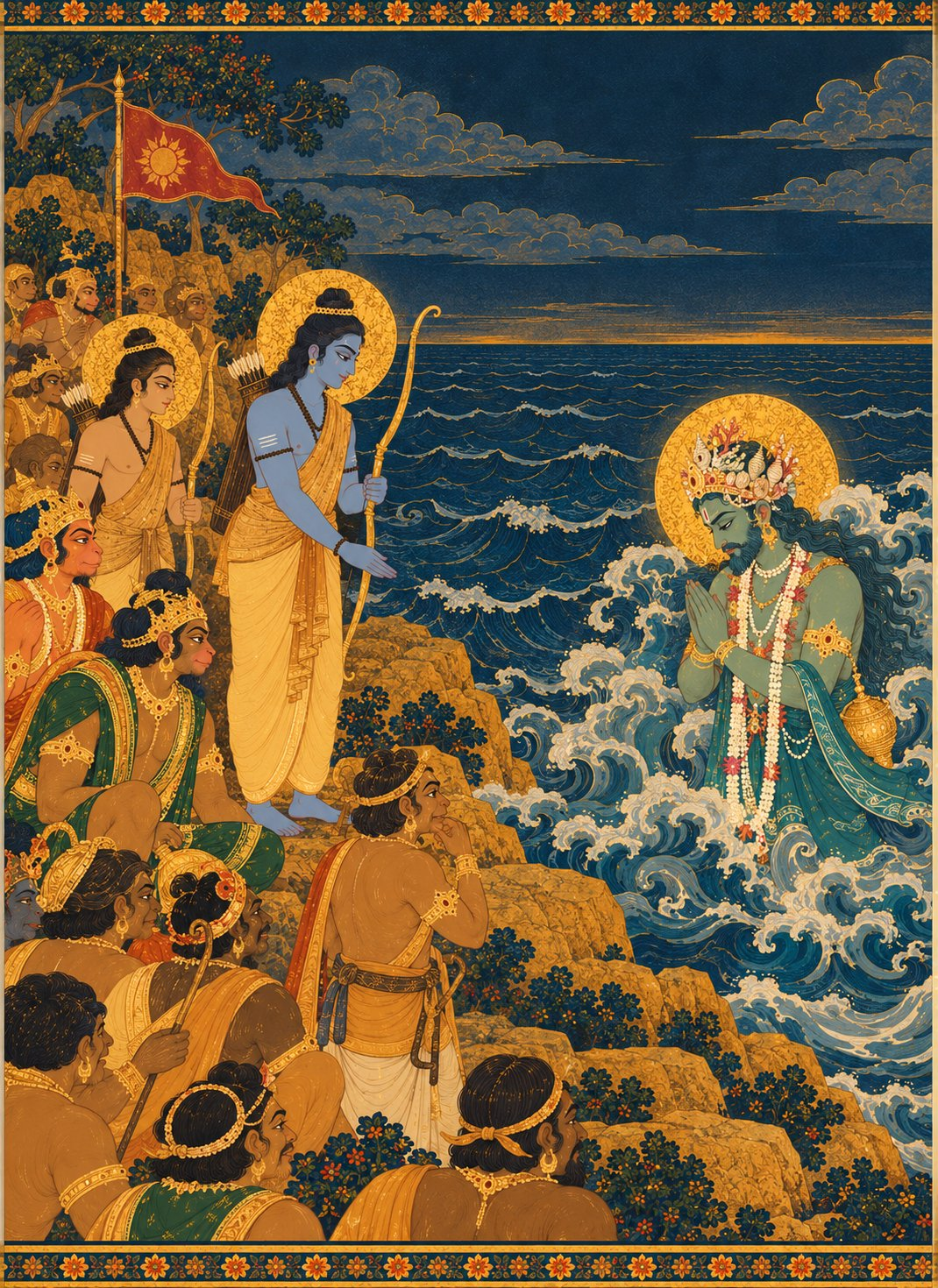 Samudra, the Sea God with sea-green skin, a crown of shells and a pearl garland, rises from the waves with folded hands and a gentle bowed head. Rama lowers his bow, and the glow of the arrow fades. Nala stands near the water’s edge, looking thoughtful.