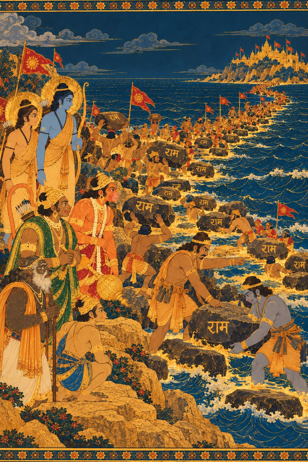 Along a long, growing bridge of stones across the sea, vanaras carry large rocks with 'राम' written in gold on each one. Nala and Nila in ochre dhotis stand at the front, directing the work and placing stones on the waves. Rama and Lakshmana watch from the shore. Gold ripples glow around each stone.