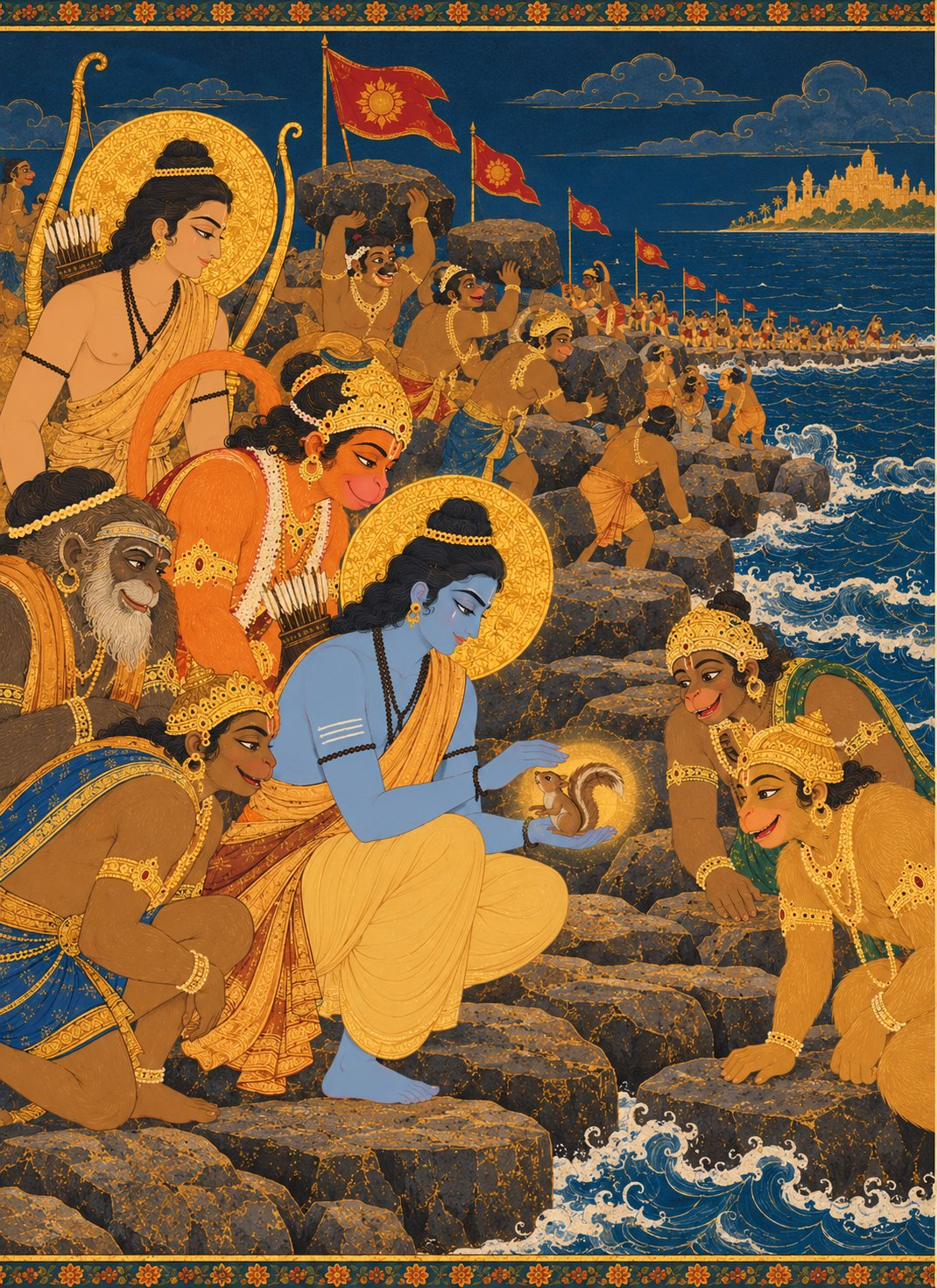 On the bridge, a tiny striped squirrel shakes sand from its fur into a gap between two stones. Several vanaras look down and laugh. Rama in bark cloth bends down and lifts the squirrel gently in one palm, stroking its back with three fingers. A soft gold glow surrounds them.