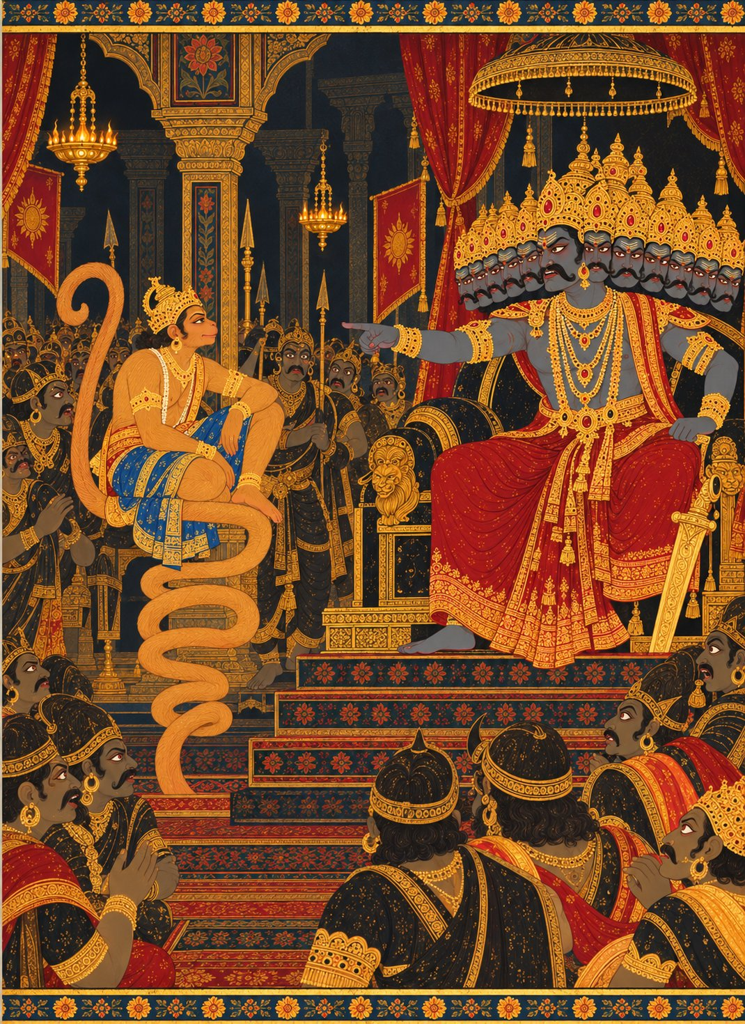 In a grand dark court, the young vanara prince Angada in a blue dhoti and small gold crown sits calmly on his own long tail, coiled high in a tall spiral so he is level with Ravana’s black throne. Ravana with ten heads and a gold crown sits on the throne, pointing angrily. Demon courtiers in black spiked armour watch from the sides with surprised faces.