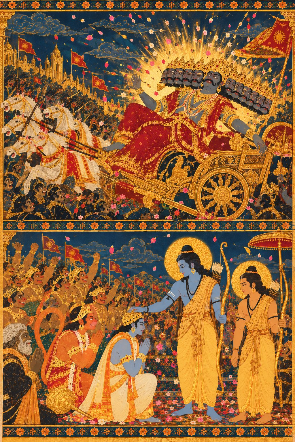 Split into two parts. At the top, Ravana with ten heads falls back in his chariot with a burst of gold light, as flower petals fall from the sky. At the bottom, Vibhishana in a gold crown kneels as Rama, with a gold halo, places a hand on his head. Lakshmana, Hanuman and the vanaras cheer behind them.