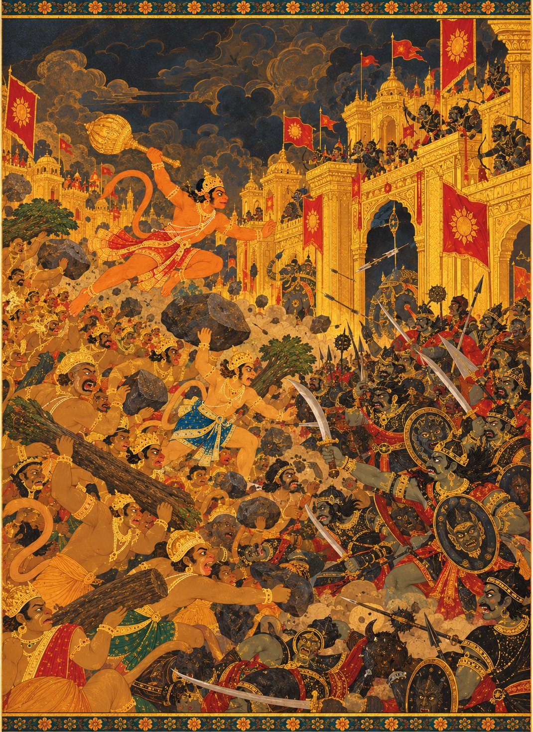 Two huge armies clash in front of the golden walls of Lanka. On the left, vanaras in brown and golden fur hurl rocks and trees. On the right, demon soldiers in black spiked armour charge with swords. Hanuman and Angada lead the vanaras at the front, and the sky is dark gold with swirling dust.