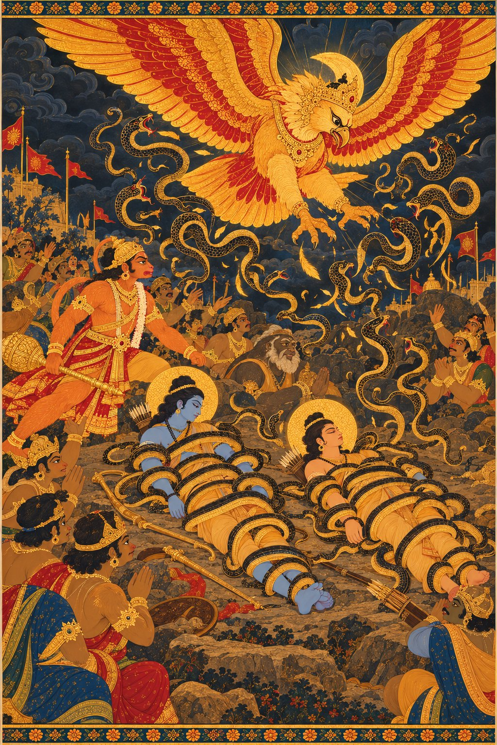Rama and Lakshmana lie wrapped in golden-black serpent arrows on the battlefield, eyes closed. Above them, a huge golden eagle Garuda with red-gold wings swoops down, and the serpents slither away in dark gold swirls. Vanaras watch with raised hands, and Hanuman stands guard.