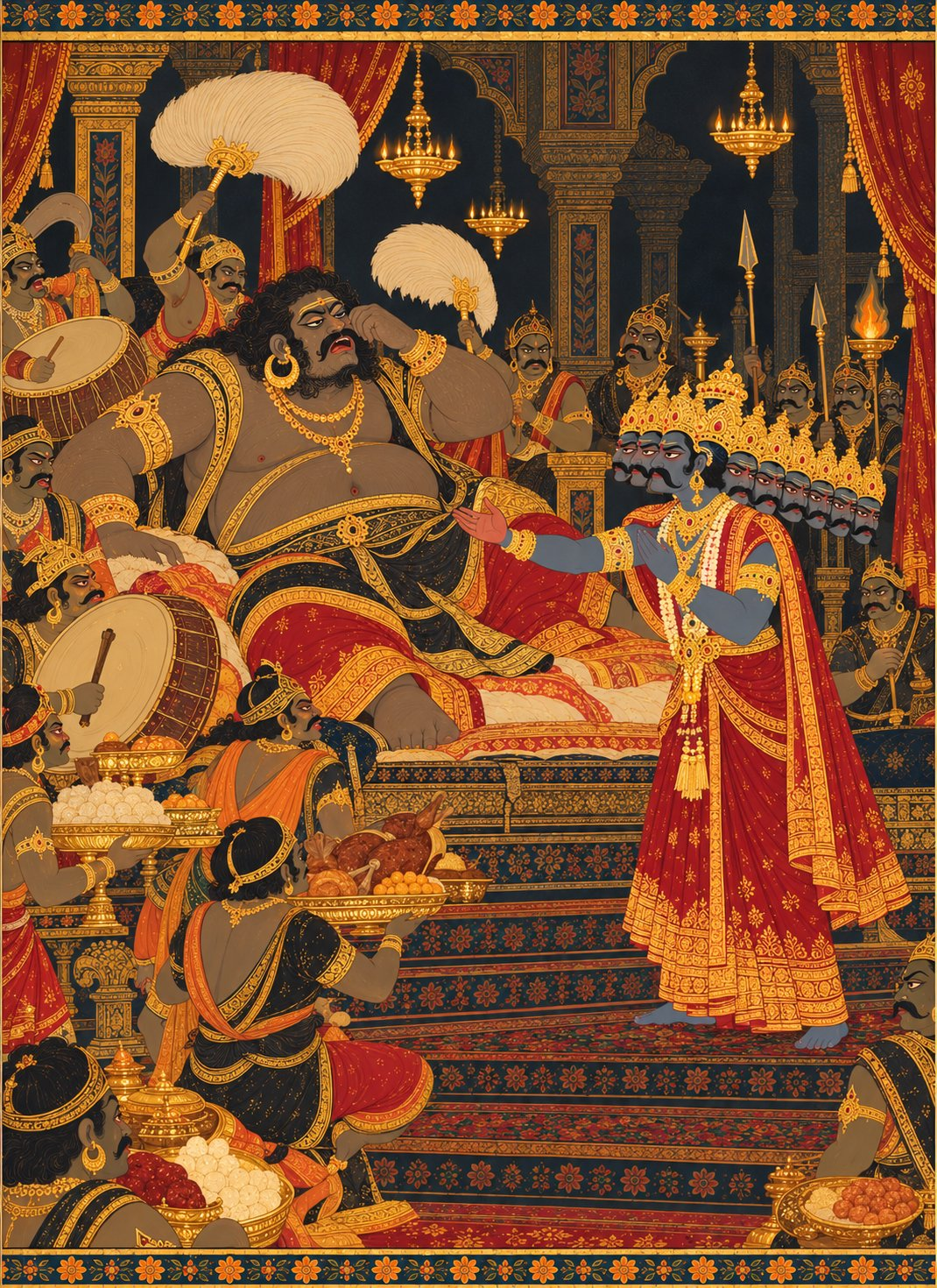 Inside a dark hall, the giant Kumbhakarna with dark brown-grey skin and huge gold earrings sits up from a large bed with heavy eyelids, a hand rubbing his face. Demon attendants hold drums and plates of food around him. Ravana with ten heads leans toward him with a pleading hand.