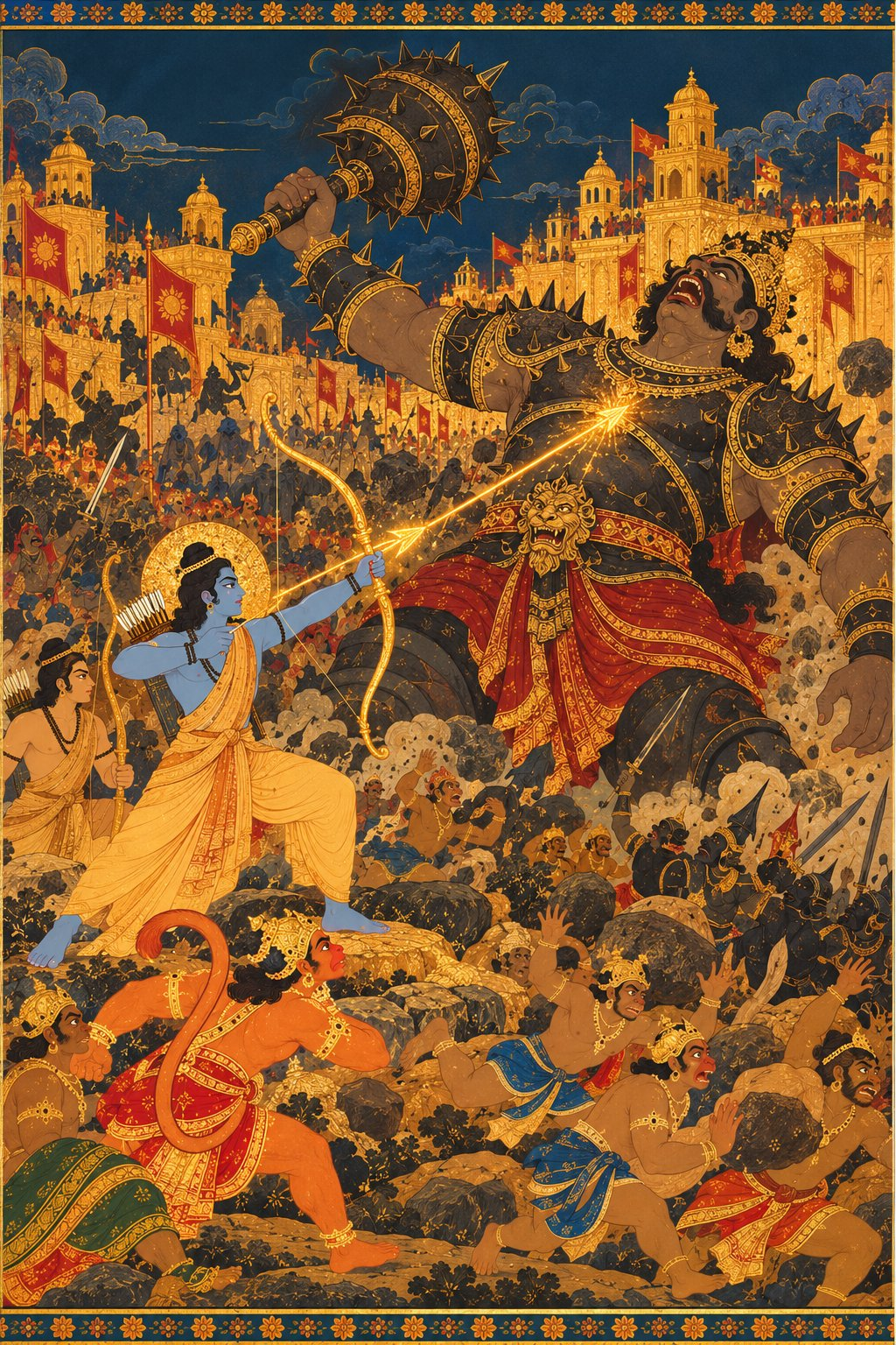 The giant Kumbhakarna in dark spiked armour, taller than the mountains, swings a huge mace as small vanaras flee at his feet. At the centre, Rama in bark cloth draws his golden bow with a blazing arrow and a calm face, his gold halo bright. Gold light surrounds Kumbhakarna as he starts to fall.
