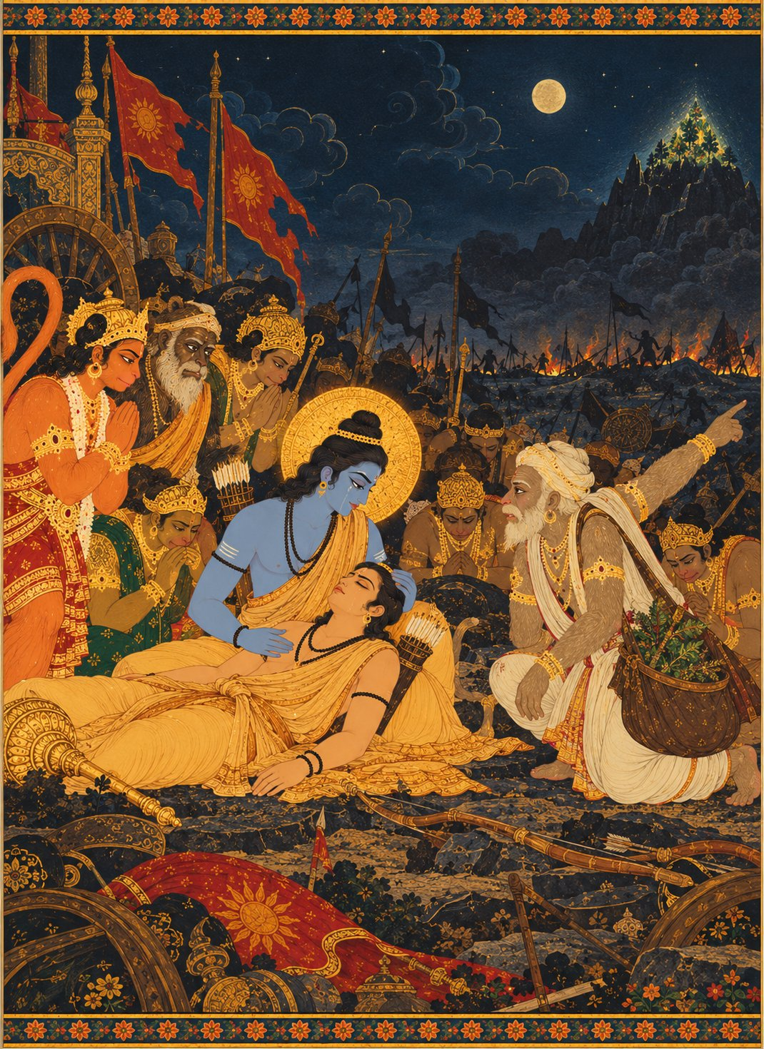 On the battlefield at night, Lakshmana in bark cloth lies motionless on Rama’s lap, eyes closed. Rama in bark cloth bends over him with tears falling and one hand on his forehead. Sushena in a white dhoti kneels beside them with a herb bag, pointing to the north. Vanaras stand around them, heads bowed.