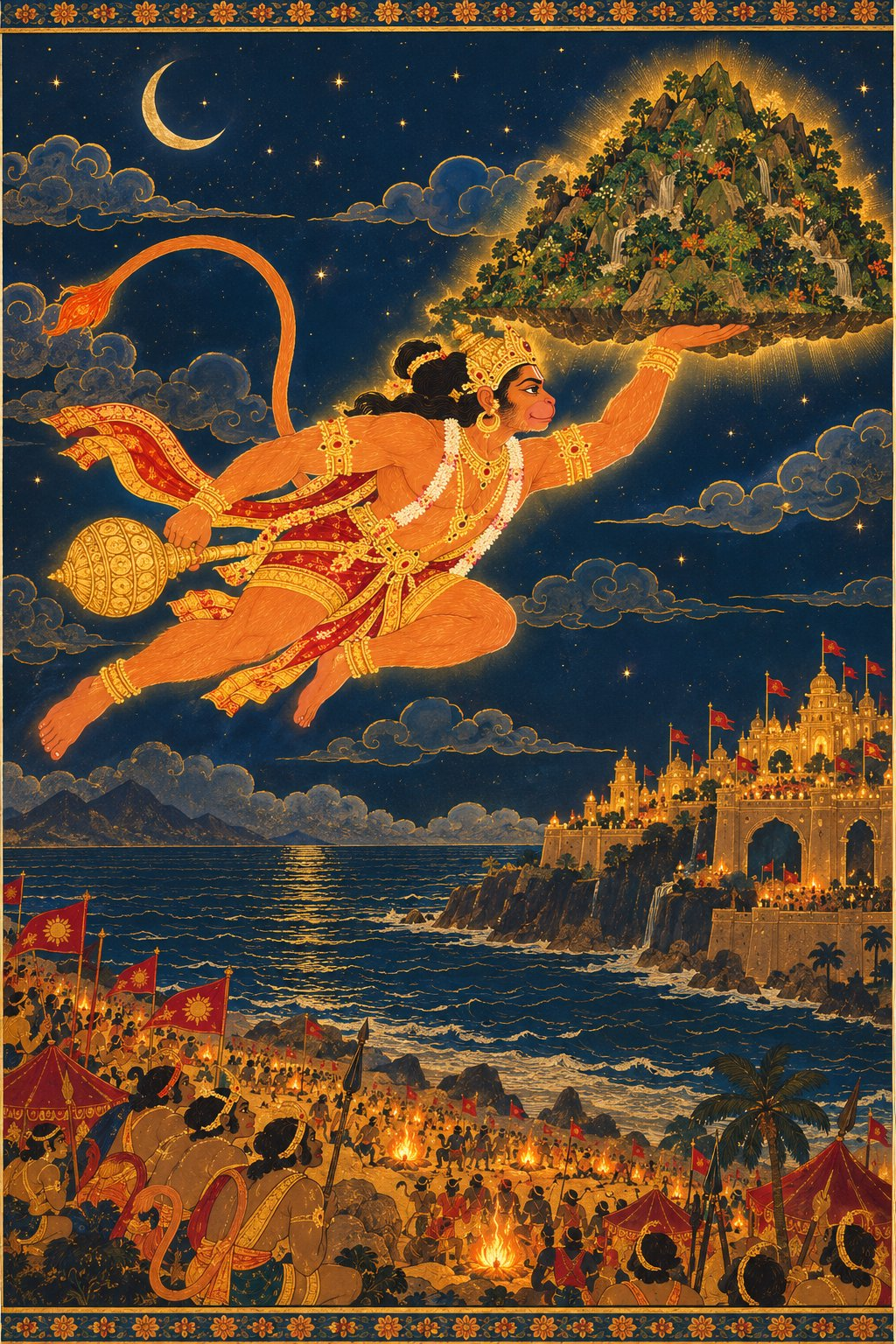 Hanuman, giant and glowing, flies across a dark night sky carrying an entire green mountain on one raised palm, with his tail streaming behind him and a faint gold glow around the herbs. Below him, small campfires glow on the shore of Lanka. A crescent moon and stars shine above.