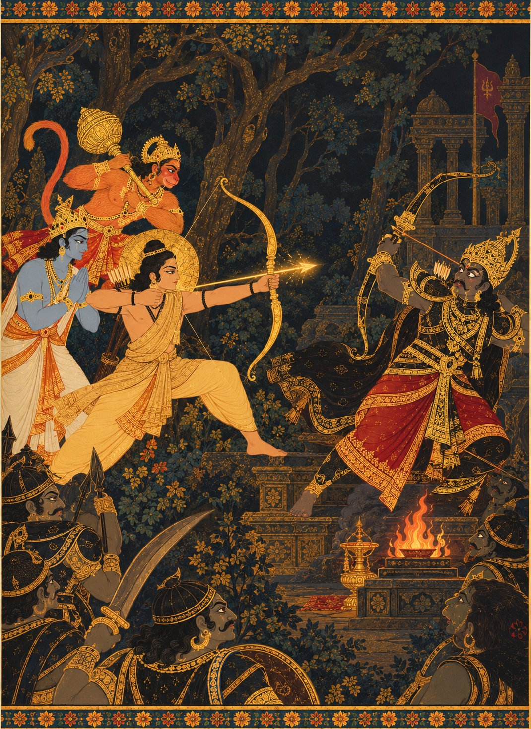 In a dark grove with a small fire, Indrajit in black and gold armour with a tall gold crown draws his bow, caught off guard. Lakshmana in bark cloth leaps forward with his bow drawn, his arrow glowing. Vibhishana and Hanuman stand behind Lakshmana. Keep the fire small and the shadows deep.