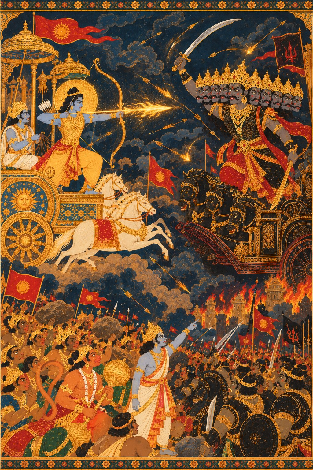 At the centre, Rama in bark cloth with a gold chest-plate stands tall in a sky-blue and gold chariot driven by Matali, drawing a blazing golden arrow. Facing him, Ravana with ten heads in black and crimson armour rides a black chariot, swinging a huge sword. Cut-off heads and gold light spin through the dark sky. Vibhishana stands at the bottom, pointing to Ravana’s waist.