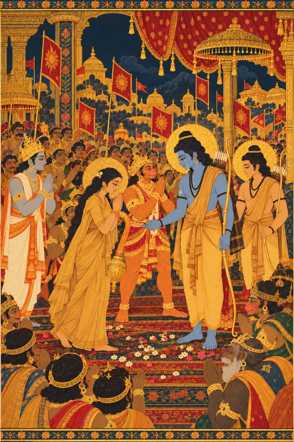 Sita in a faded yellow-ochre sari with a dimmed gold halo walks slowly toward Rama with folded hands and a calm face. Rama in bark cloth with a gold halo stands with his bow lowered and tears on his cheeks. Vibhishana stands to one side, Hanuman and Lakshmana behind Rama, and the vanaras watch with joyful faces.