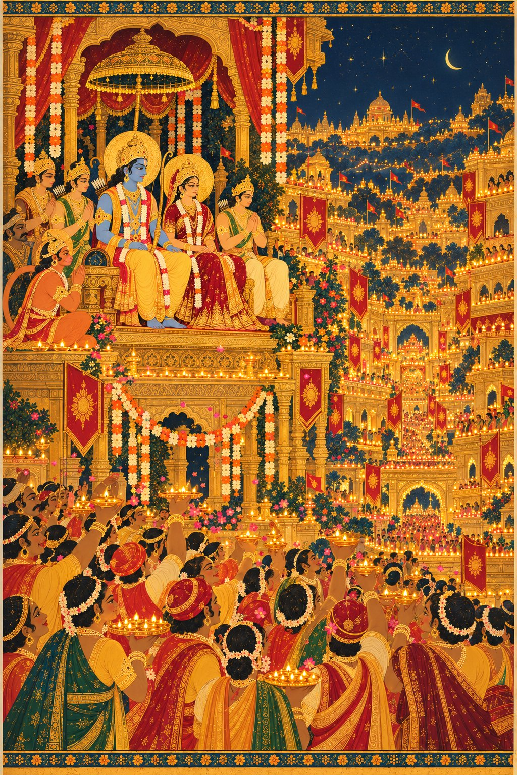 The whole city of Ayodhya at night, glowing with thousands of small gold diyas on every rooftop, doorstep, window and stair. In the foreground, citizens in festive yellow, saffron and maroon hold lamps and garlands and look up with joy. At the top, Rama and Sita sit together with gold halos under a tall palace arch, with Lakshmana, Bharata, Shatrughna and Hanuman beside them. The sky is deep indigo with a bright gold glow rising from below, and a tiny crescent of stars above.