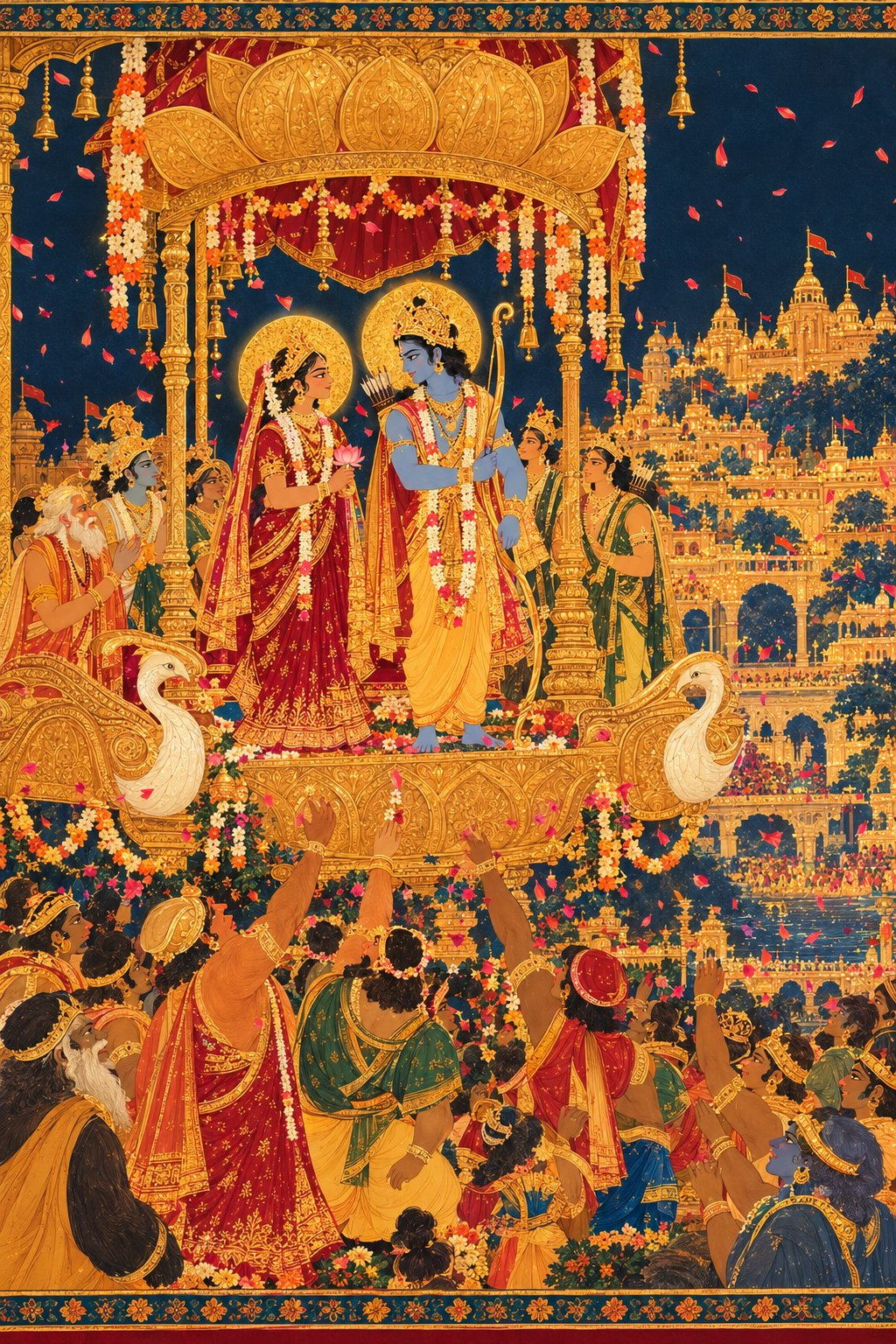 Sita in a rich maroon sari with a gold border, a gold crown and a pearl necklace stands radiant with a lotus in her hand and a bright gold halo. Rama in bark cloth looks at her with a soft smile. Around them, the vanaras raise their hands and flower petals fall from the sky.