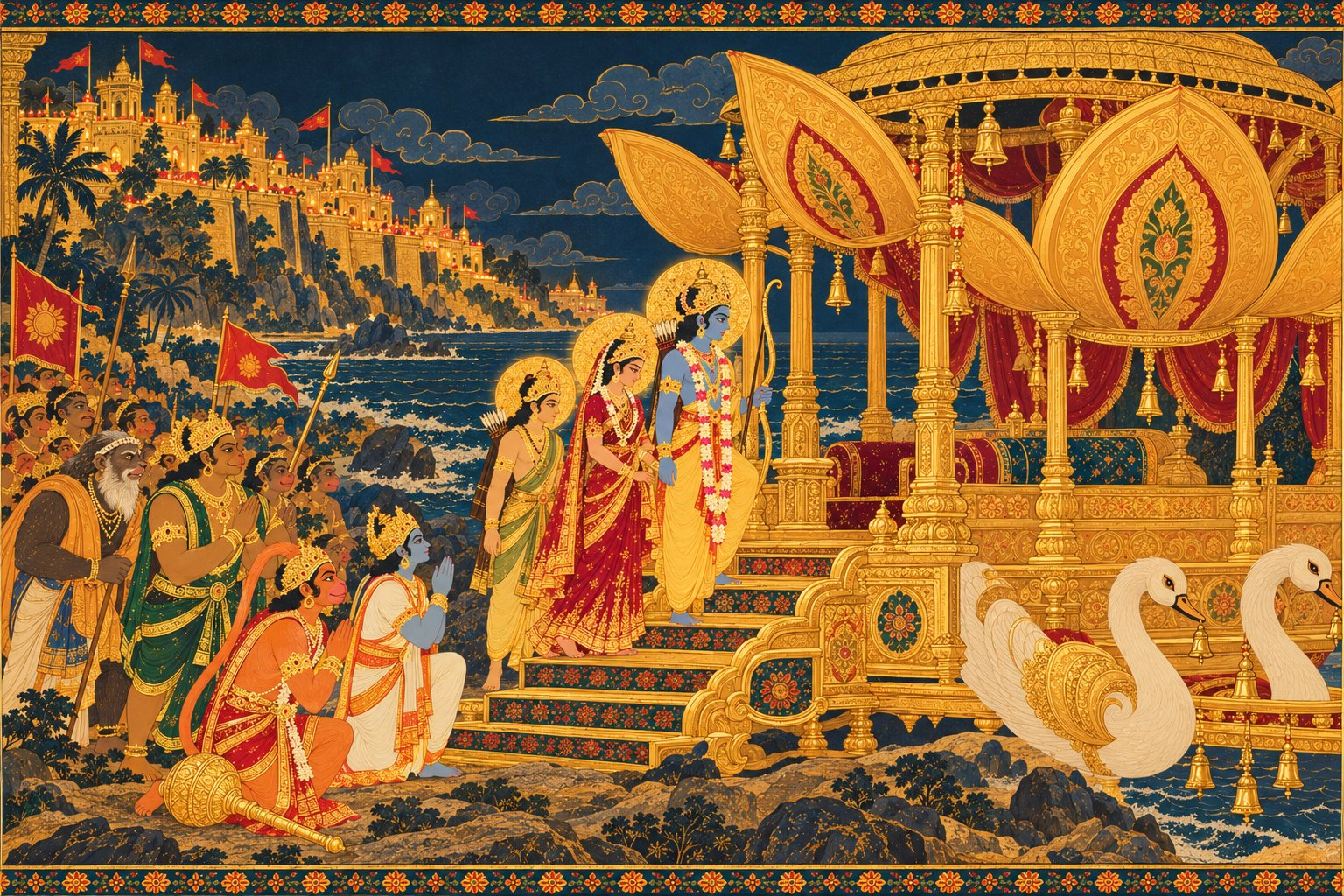 A huge golden flower-shaped Pushpak Vimana with open lotus-petal sides, two white swans at the front, tall gold pillars and small bells rests on the shore of Lanka. Vibhishana in a gold crown bows with folded hands beside it. Rama, Sita and Lakshmana stand at its steps, and Hanuman and Sugriva wait by the boarding ramp.