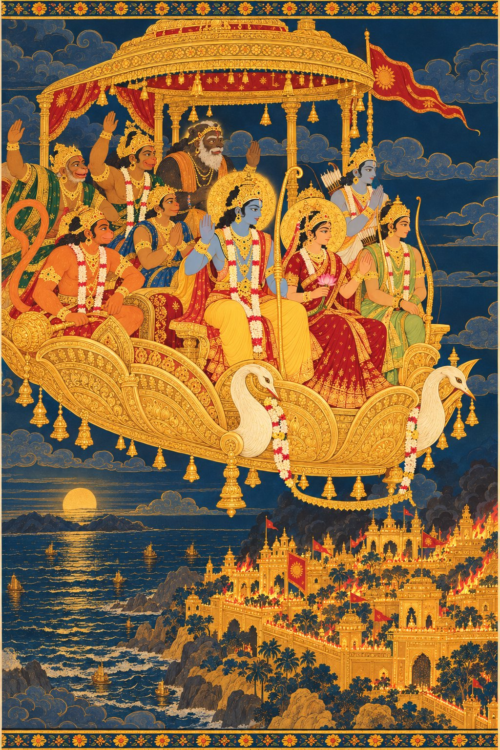 The Pushpak Vimana rises over Lanka, glowing gold. Rama in royal mustard-yellow with a gold crown, Sita in maroon with a gold crown and lotus, and Lakshmana in pale green stand at the front. Sugriva, Angada, Jambavan, Hanuman and Vibhishana stand behind them, waving. The golden city of Lanka shines small below.