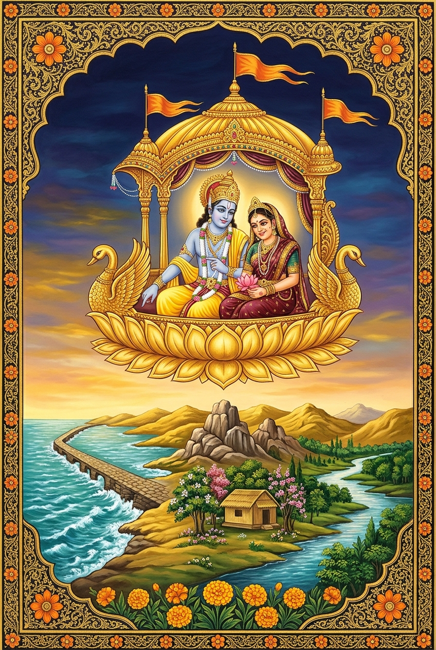 The Pushpak Vimana glides across a bright gold sky. Rama points down with one hand and Sita leans toward him with a smile. Below them, in small stylised panels, show the stone bridge across the sea, a mountain city, a small leaf hut among trees, and a wide river winding through a forest.