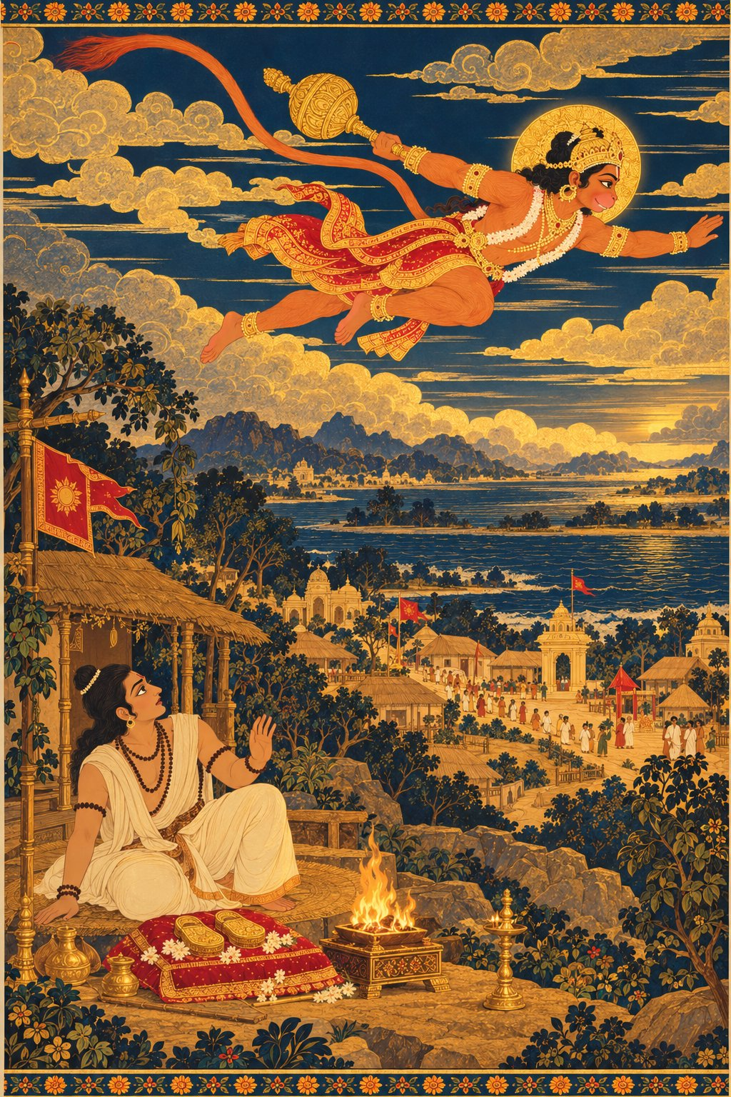 Hanuman flies fast through a golden sky with his tail streaming behind him. Beneath him, the small city of Nandigram and Bharata in a plain off-white cloth, matted hair and rudraksha beads, sitting beside a small fire with a pair of golden sandals on a cushion before him. Bharata looks up with a startled face.