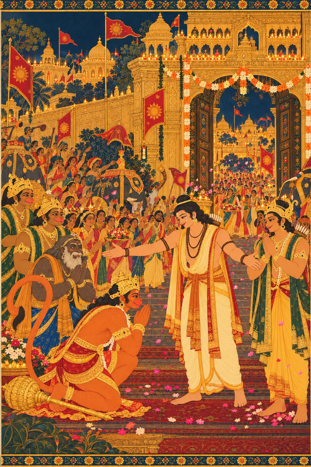Hanuman bows with folded hands before Bharata, who stands with outstretched arms and a face full of tears and joy. Shatrughna beside him claps his hands. In the background, the gates of Ayodhya open, and citizens run out cheering.