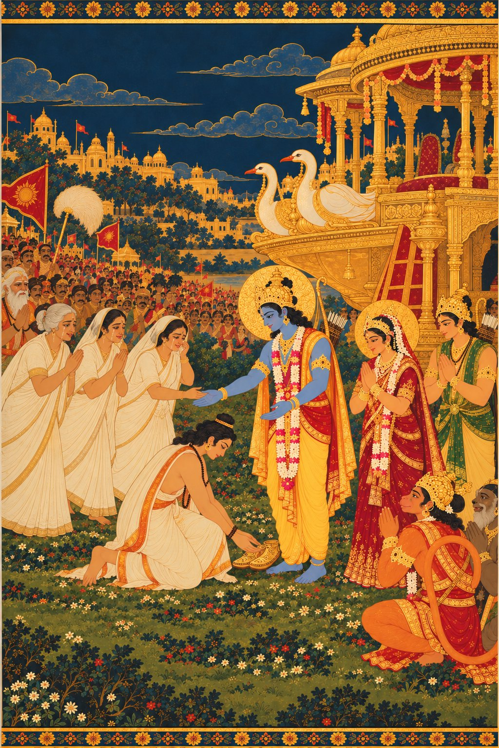 The Pushpak Vimana rests on a green field, and Rama in royal mustard-yellow steps down with open arms. Bharata, in off-white cloth with the golden sandals on his head, kneels and places them at Rama’s feet. In the background, Kaushalya, Kaikeyi and Sumitra in their saris hurry forward with tears and joy, and Sita and Lakshmana stand behind Rama.