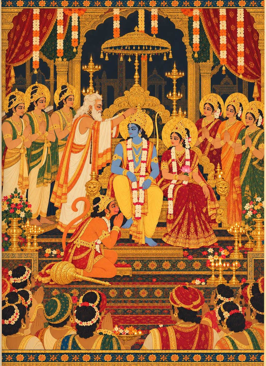 Rama in royal mustard-yellow with a gold crown sits on a gold throne with Sita in maroon beside him, both with bright gold halos. Sage Vasishtha in white and saffron places a crown on Rama’s head. Lakshmana, Bharata and Shatrughna stand behind them in royal dhotis. Hanuman kneels at Rama’s feet with folded hands. The three queens watch with joy.