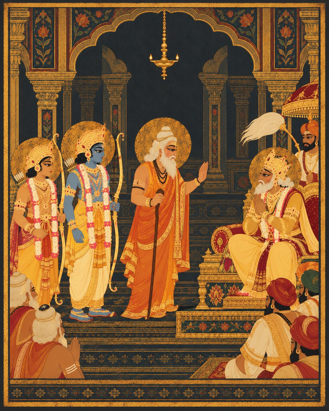 Sage Vishwamitra stands majestically in King Dasharatha’s royal court with right hand raised in blessing, as the reverent king folds his hands from his throne and young Rama and Lakshmana stand faithfully prepared with golden bows.