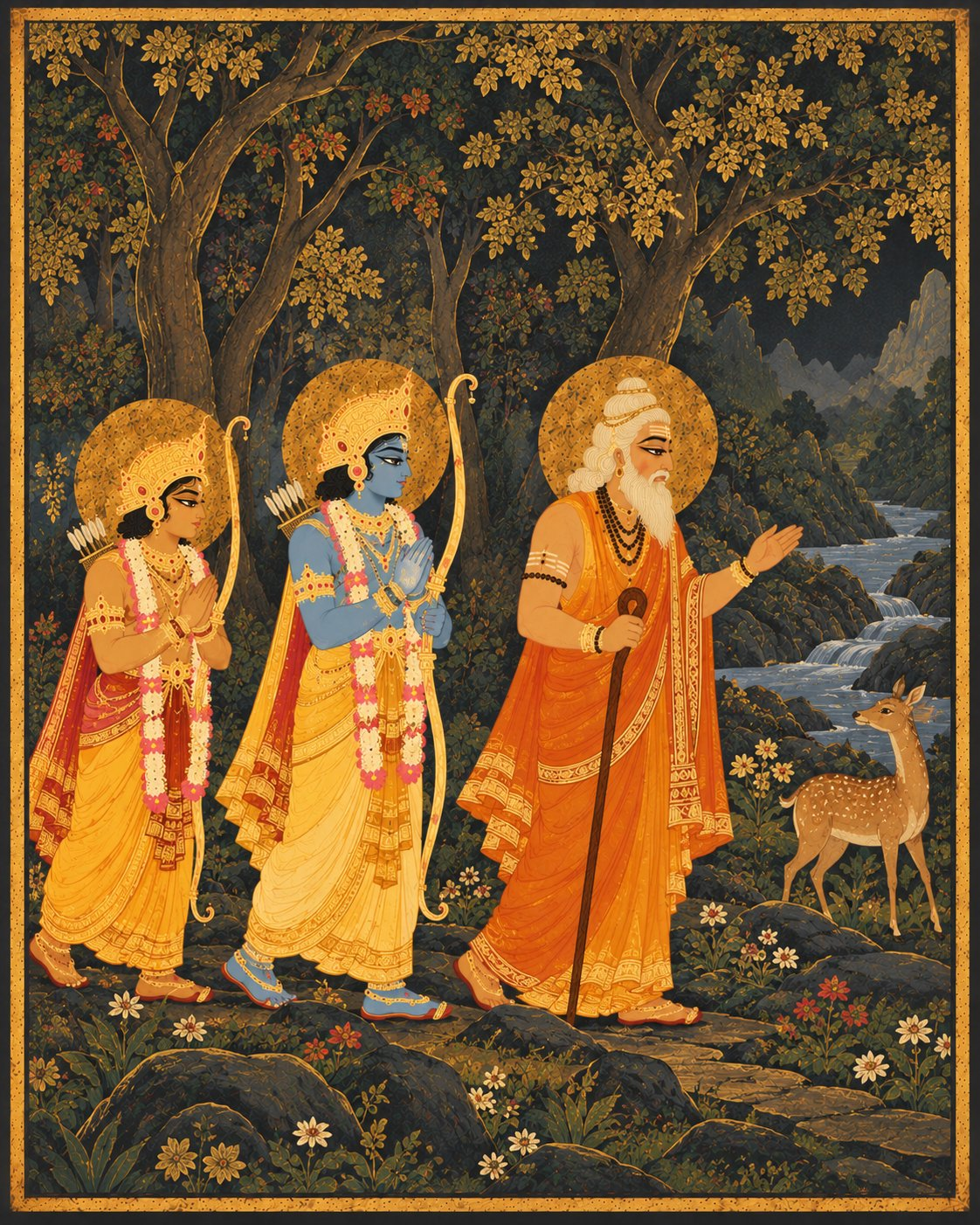 Sage Vishwamitra walks along the stony forest path beside a rushing river, gesturing forward as young Rama and Lakshmana follow with folded hands in reverent devotion, accompanied by a gentle forest deer.