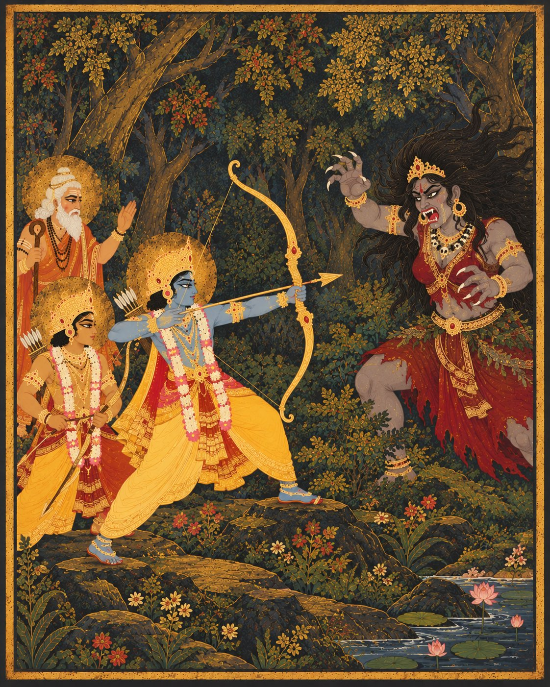 In the dense forest, Sri Rama draws his bow with golden arrow aimed at the fierce towering demoness Tadaka, while Lakshmana and Sage Vishwamitra stand resolute behind him.