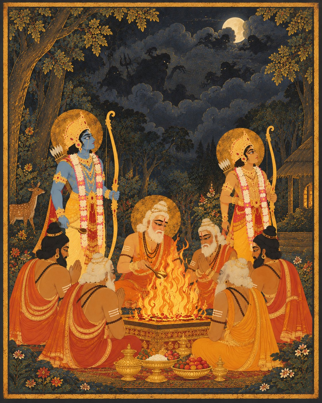 Under the glowing full moon, sages sit peacefully offering oblations to the blazing yagna fire, while Rama and Lakshmana stand vigilant guard with bows as demonic shadows hover in the dark stormy clouds above.