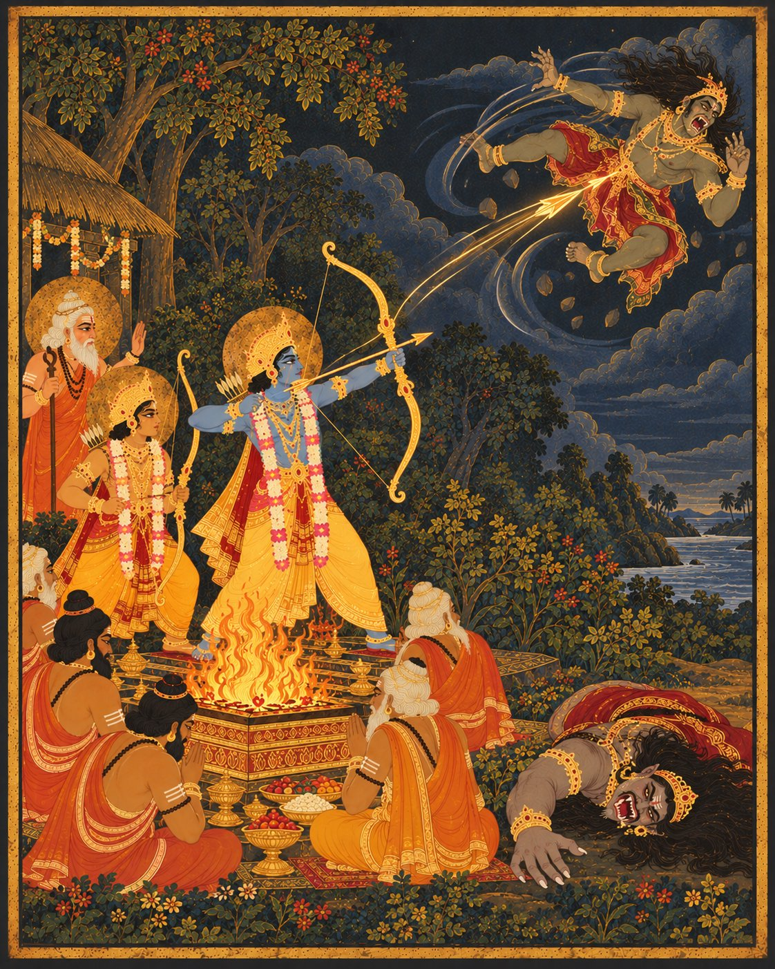 At the blazing sacred altar, Sri Rama releases a radiant golden arrow that flings Maricha spinning across the sky toward the distant sea, while Subahu lies defeated on the flower-covered ground and rishis fold their hands in serene prayer.