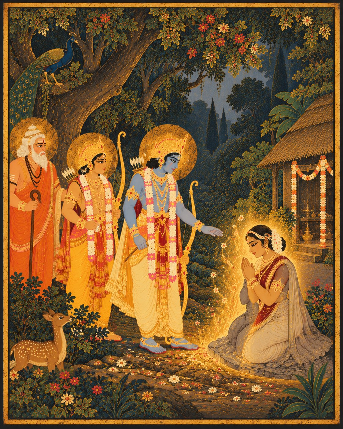 At Gautama's quiet forest hermitage, stone-grey Ahilya is redeemed into living form with folded hands as divine golden light radiates from near Sri Rama's lotus feet, watched by Vishwamitra and Lakshmana.