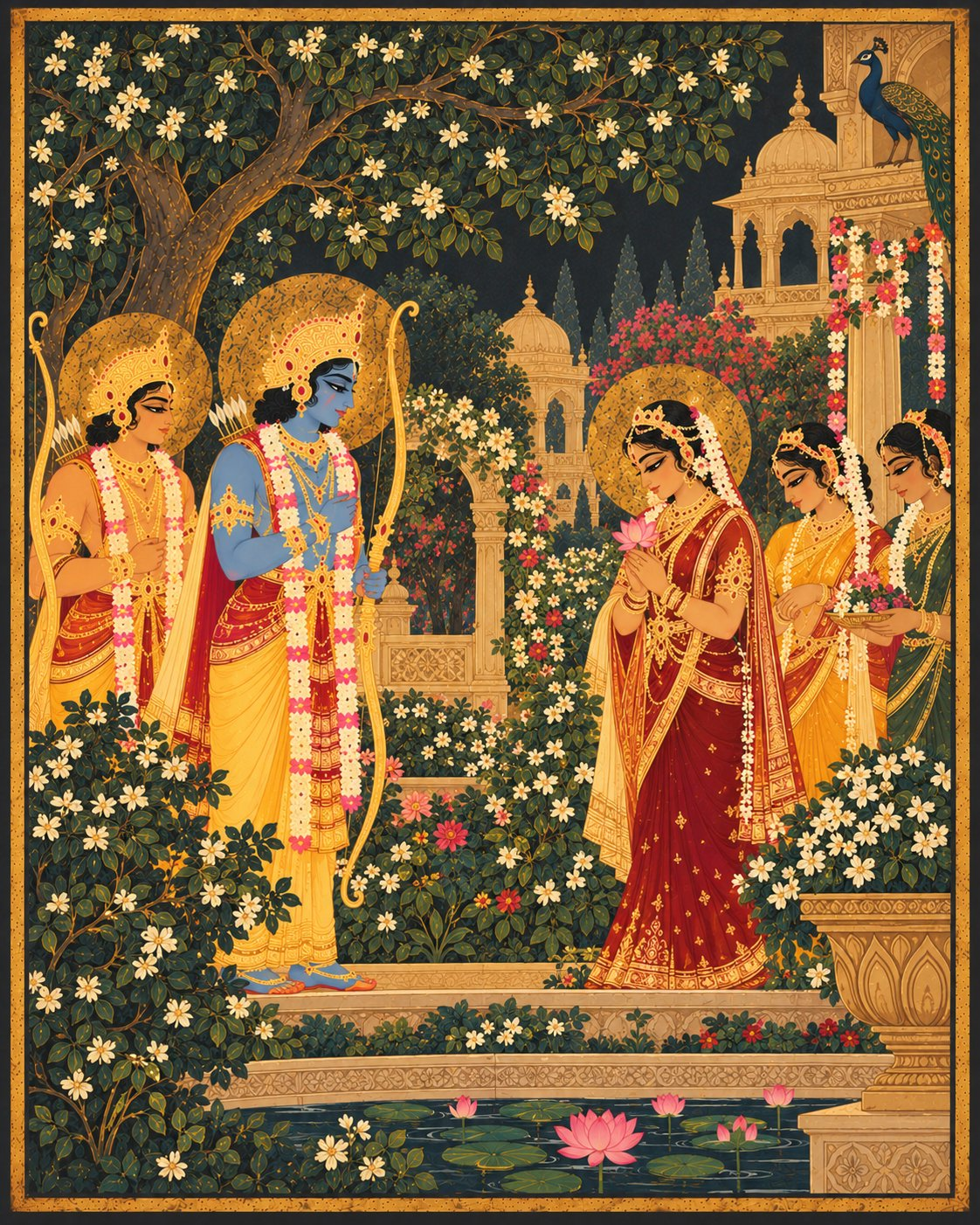 In the blooming royal garden of Janakpur, Sri Rama stands amidst jasmine blossoms gazing with gentle lowered eyes across a lotus pool at Princess Sita in a rich maroon sari with her maidens.