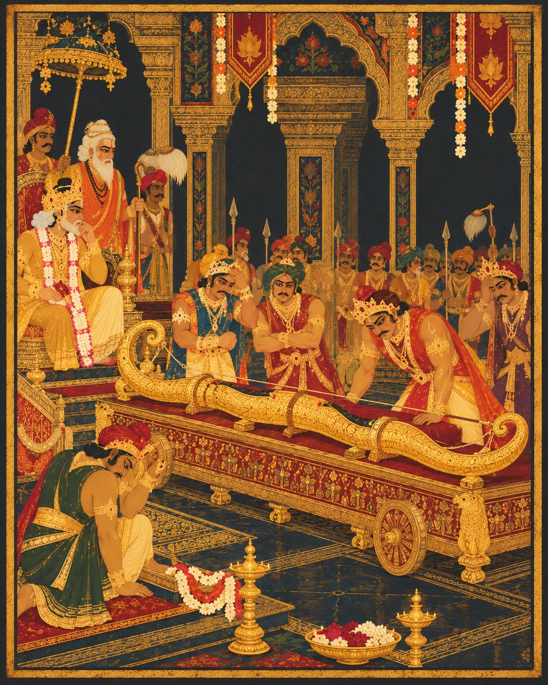 In King Janaka's ornate assembly hall, the massive golden bow of Lord Shiva rests upon a wheeled platform as defeated, exhausted kings in turbans stand humiliated around it.
