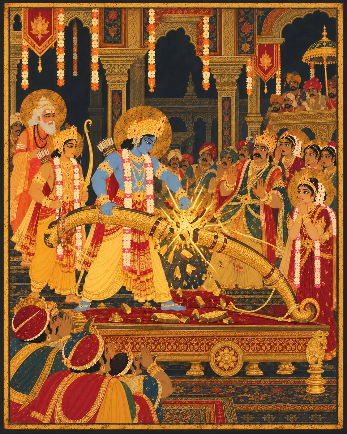 Sri Rama easily bends the giant golden Pinaka bow until it snaps into two halves with a burst of brilliant golden light and sparks, while courtiers stare in shock and Sita rejoices.