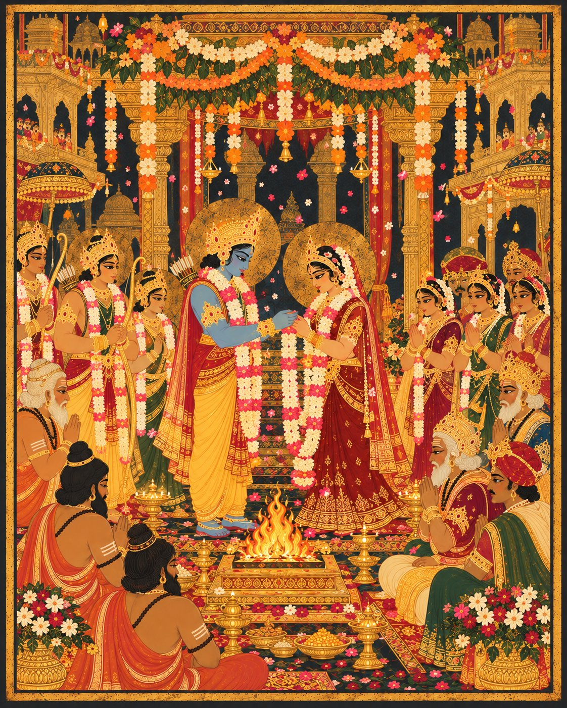 Under an ornate marigold mandap, Sri Rama and Devi Sita exchange thick fragrant flower garlands over the sacred fire, witnessed by Dasharatha, Janaka, the brothers, sisters, and rishis as flowers rain down.