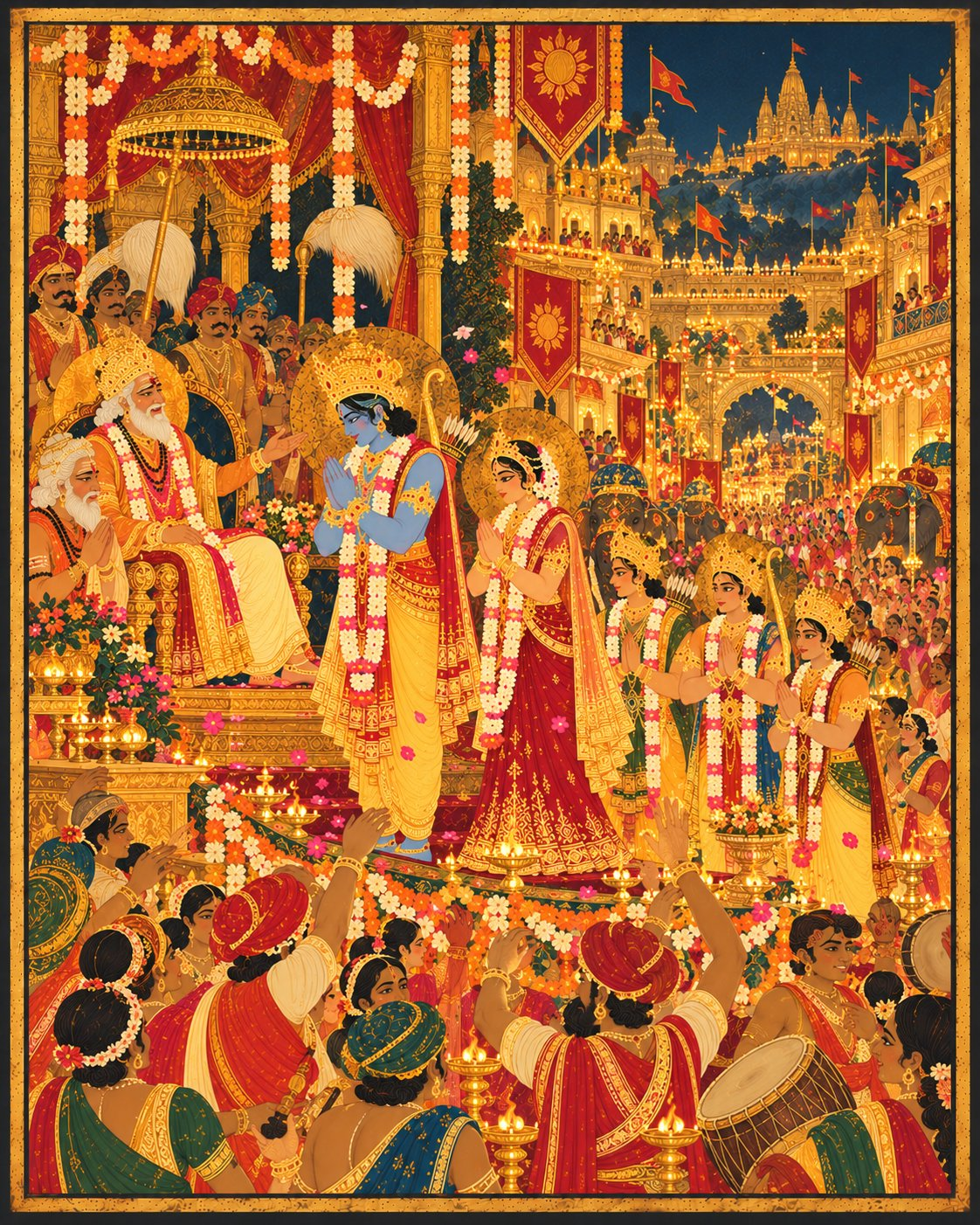 In a lavishly decorated festival of Ayodhya, King Dasharatha smiles from his golden throne upon young Rama and Sita, who stand with folded hands amidst singing citizens, drummers, and cascading flower garlands.