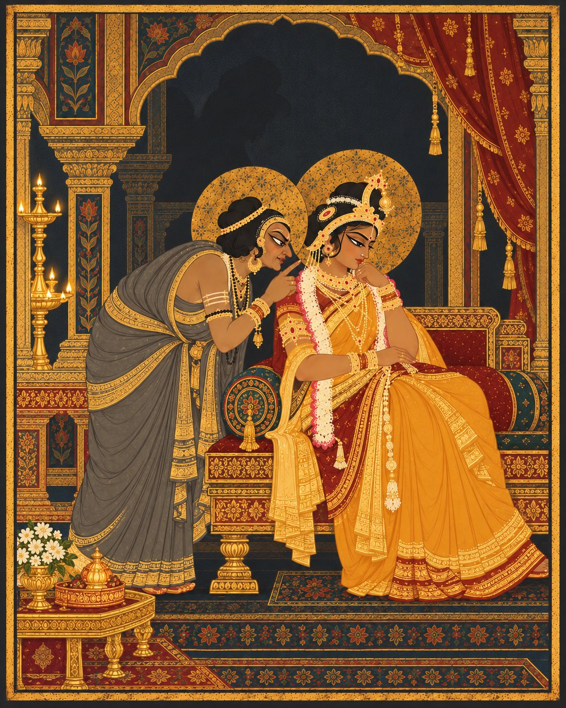In a quiet palace chamber, the hunched maid Manthara in grey whispers deceitfully into Queen Kaikeyi’s ear as Kaikeyi listens with a troubled and hardening face while a dark shadow falls behind them.