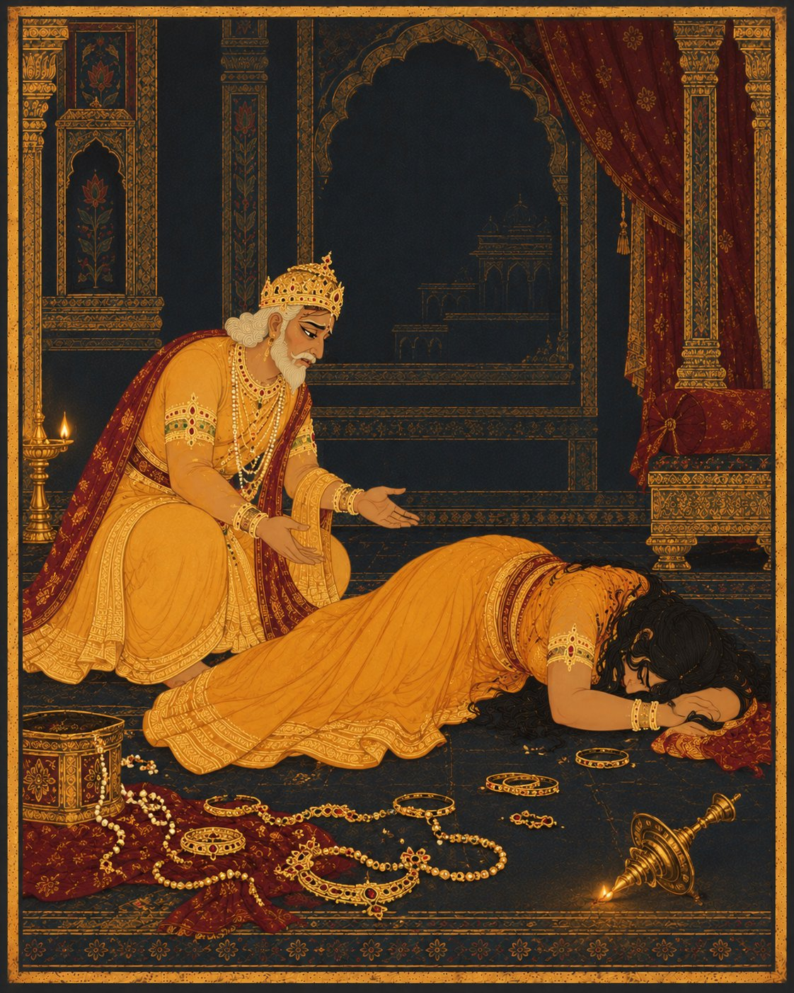 Queen Kaikeyi lies prostrate on the bare floor of the anger room with broken jewelry strewn across the carpet, as King Dasharatha kneels beside her with open hands pleading in despair beside an overturned brass lamp.