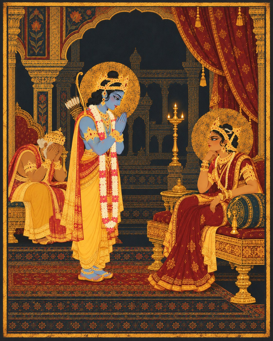 Sri Rama stands before Queen Kaikeyi with folded hands and a serene smile, a golden halo behind his head, while Kaikeyi sits stiffly unmoved and King Dasharatha weeps with face buried in his hands.